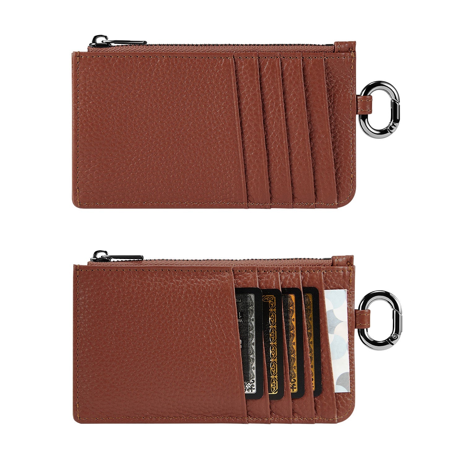 Victoria Hyde caramel genuine leather card holder, unisex &amp; multifunctional. Features 10 card slots, 1 ticket slot, zippered coin pocket, and detachable side closure.