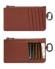 Victoria Hyde caramel genuine leather card holder, unisex & multifunctional. Features 10 card slots, 1 ticket slot, zippered coin pocket, and detachable side closure.