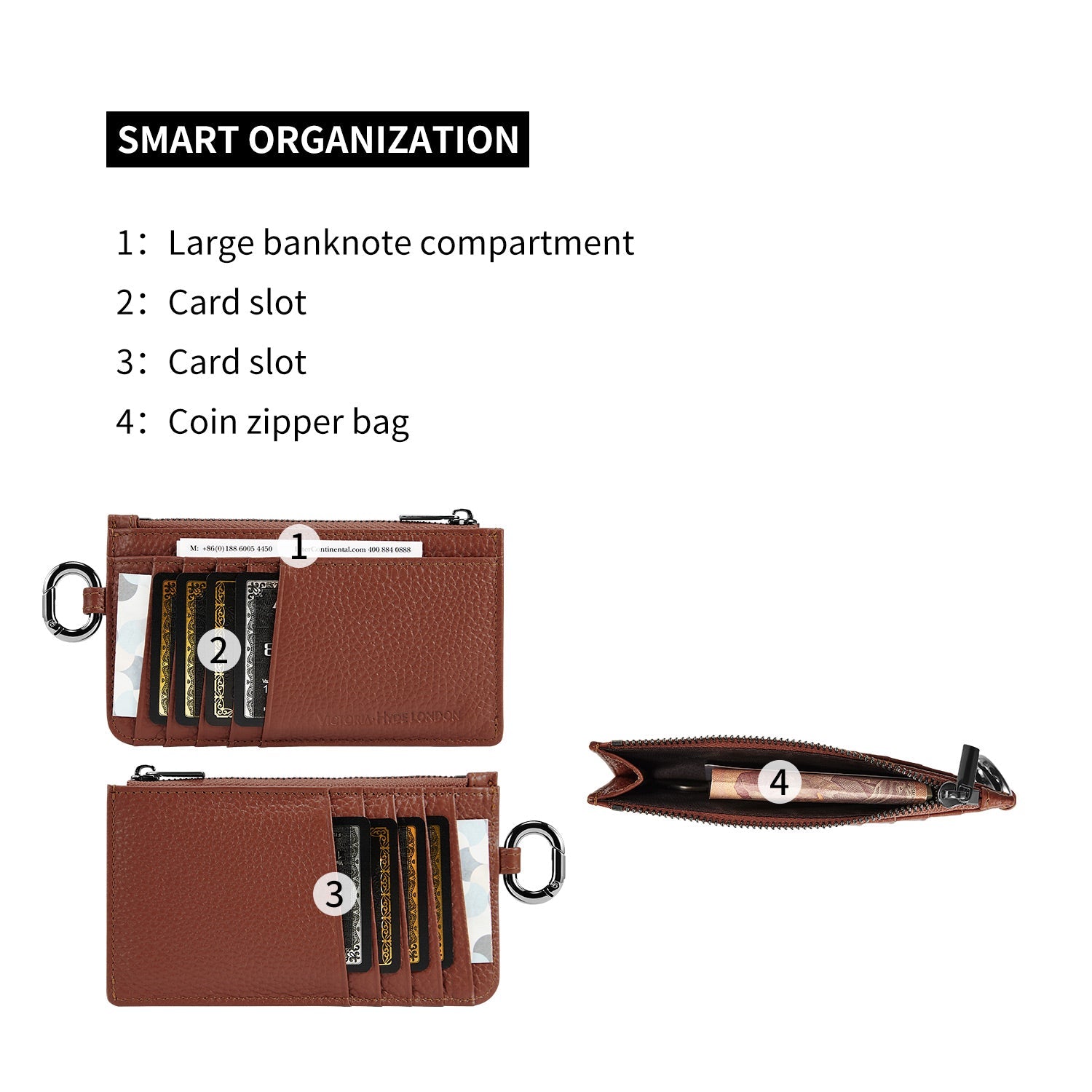 Victoria Hyde caramel genuine leather card holder, unisex &amp; multifunctional. Features 10 card slots, 1 ticket slot, zippered coin pocket, and detachable side closure.
