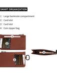 Victoria Hyde caramel genuine leather card holder, unisex & multifunctional. Features 10 card slots, 1 ticket slot, zippered coin pocket, and detachable side closure.