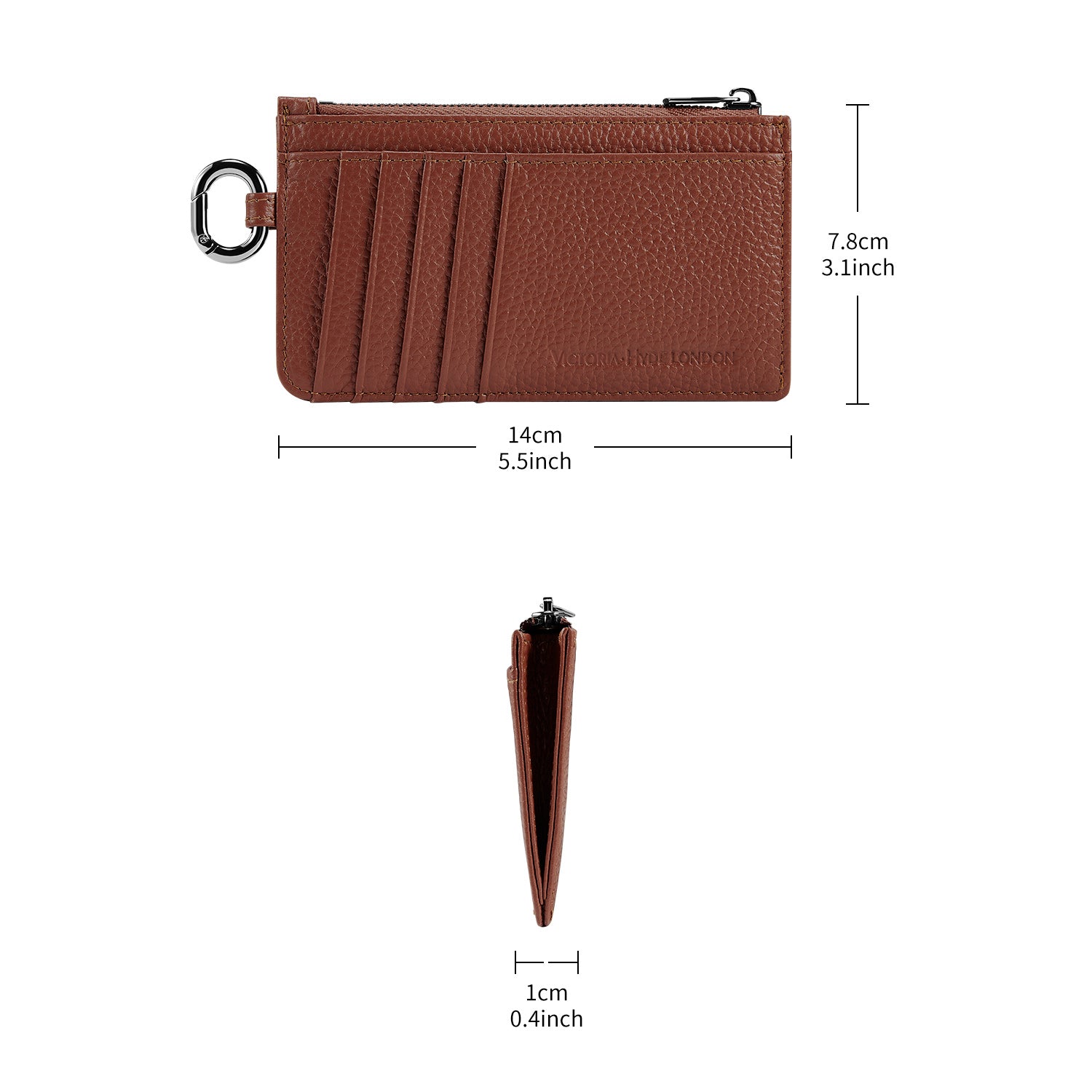 Victoria Hyde caramel genuine leather card holder, unisex &amp; multifunctional. Features 10 card slots, 1 ticket slot, zippered coin pocket, and detachable side closure.
