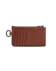 Victoria Hyde caramel genuine leather card holder, unisex & multifunctional. Features 10 card slots, 1 ticket slot, zippered coin pocket, and detachable side closure.