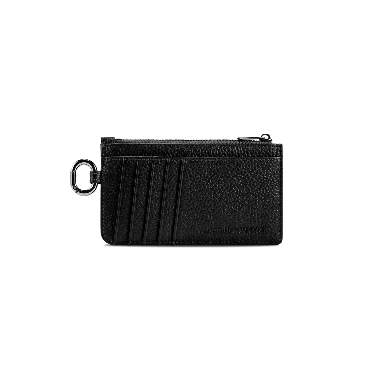 Victoria Hyde multifunctional genuine leather card holder in caramel color, unisex design with 10 card slots, ticket slot, coin pocket, and detachable closure.