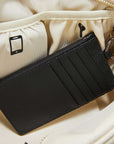 Victoria Hyde multifunctional genuine leather card holder in caramel color, unisex design with 10 card slots, ticket slot, coin pocket, and detachable closure.