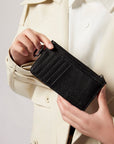 Victoria Hyde multifunctional genuine leather card holder in caramel color, unisex design with 10 card slots, ticket slot, coin pocket, and detachable closure.