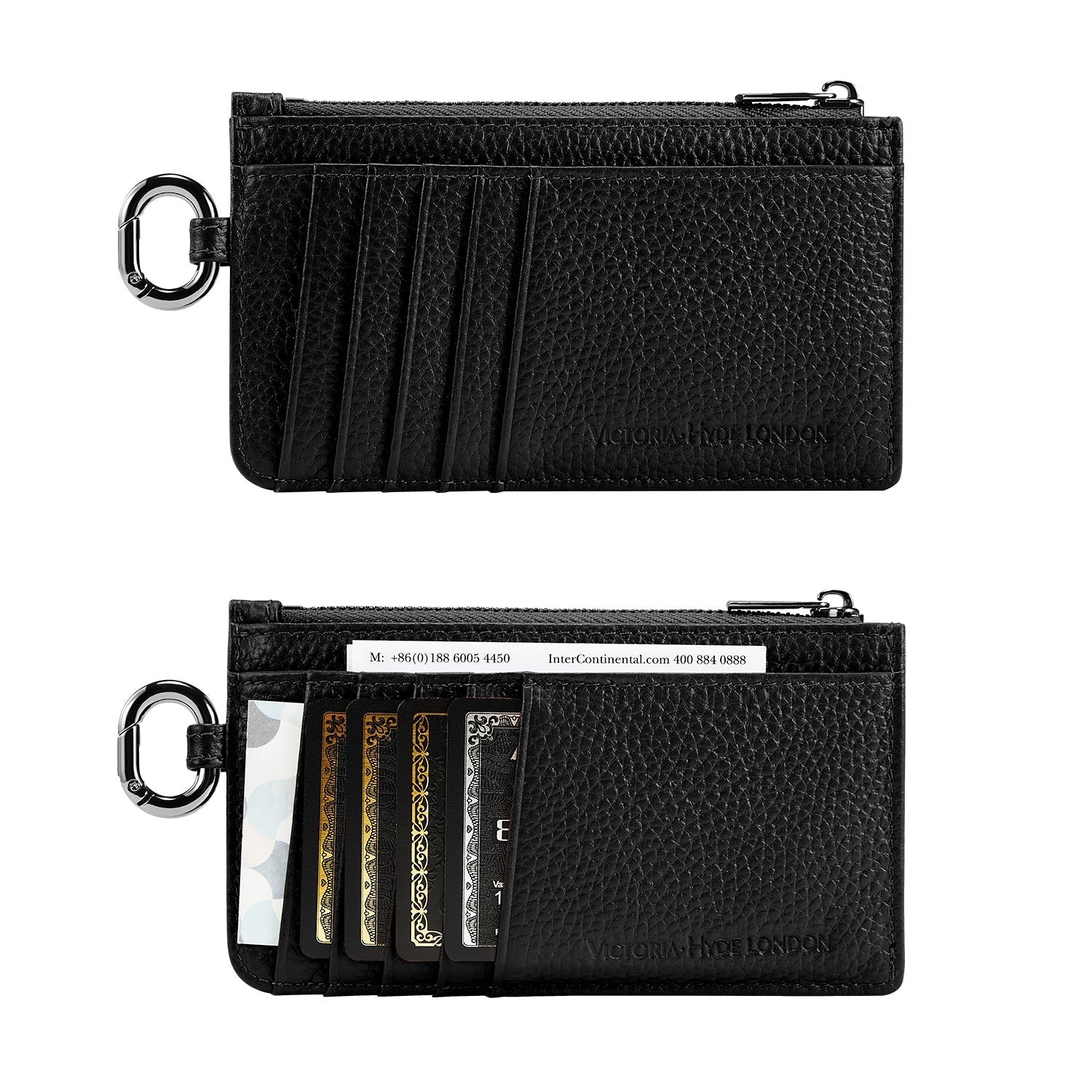 Victoria Hyde multifunctional genuine leather card holder in caramel color, unisex design with 10 card slots, ticket slot, coin pocket, and detachable closure.