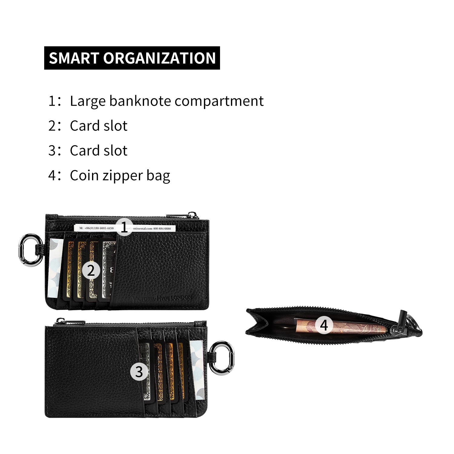 Victoria Hyde multifunctional genuine leather card holder in caramel color, unisex design with 10 card slots, ticket slot, coin pocket, and detachable closure.