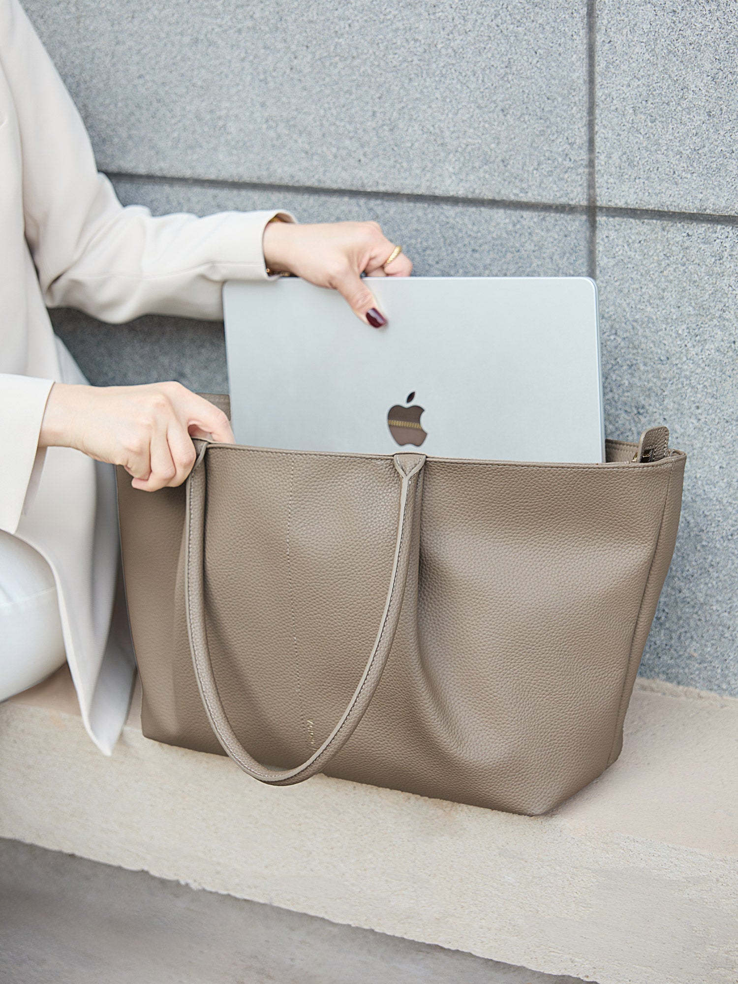 Victoria Hyde Ada Beige new work bag – understated elegance, fits 16" laptop, vegan microfiber leather, water-repellent, perfect for commuters.
