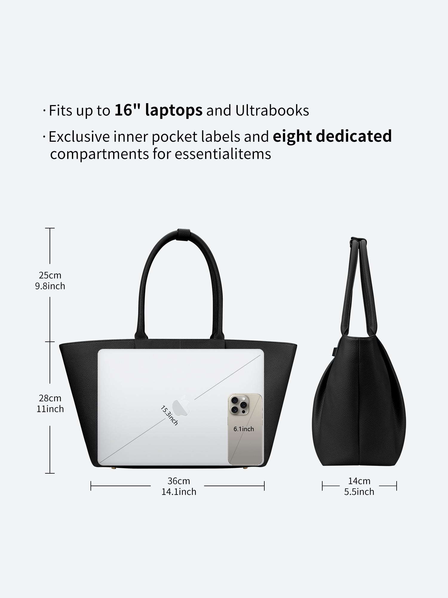 Victoria Hyde Ada Black new work bag – understated elegant design, padded 16" laptop compartment, vegan microfiber leather, water-repellent, scratch-resistant.