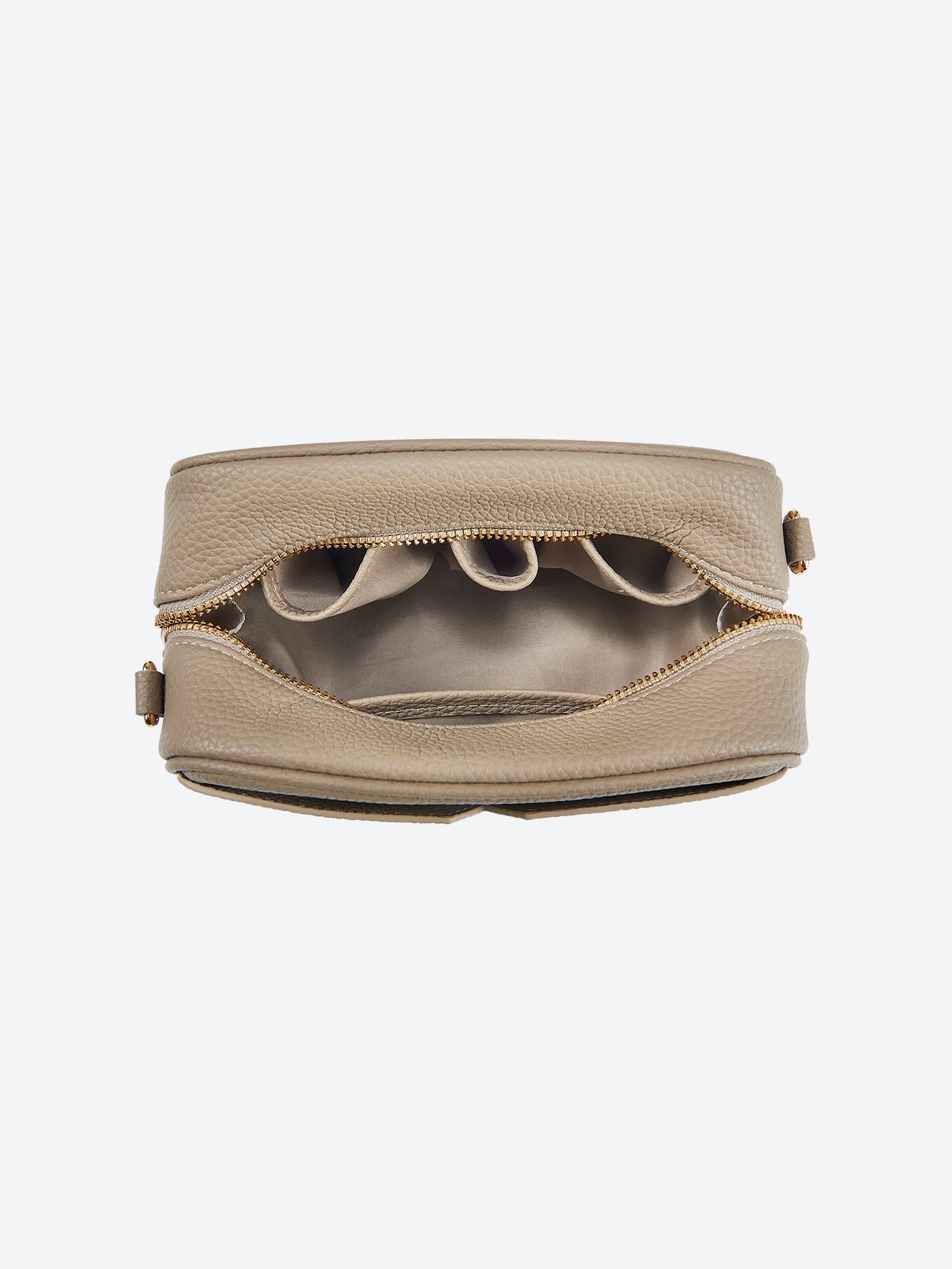 Victoria Hyde Antonia bag, light gold hardware, microfiber with recycled lining. Compact 18x10.5x9 cm, front pockets for keys, lipstick, earphones, slogan "Love what you do."