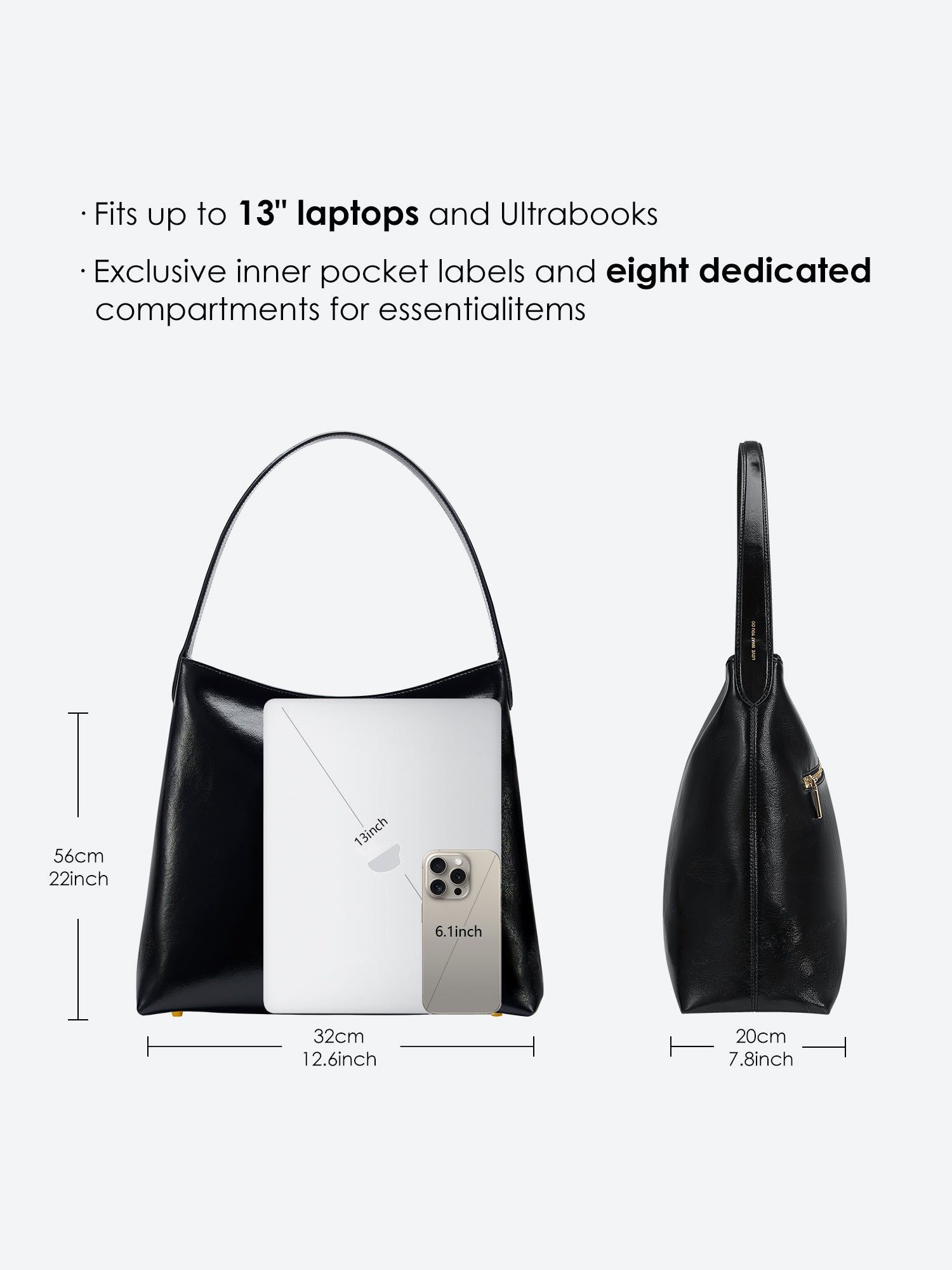 Victoria Hyde shoulder bag in microfiber leather with light gold fittings, padded sunglasses compartment, trolley strap, and inscriptions “Love what you do” and “New Work” for modern dynamic women.