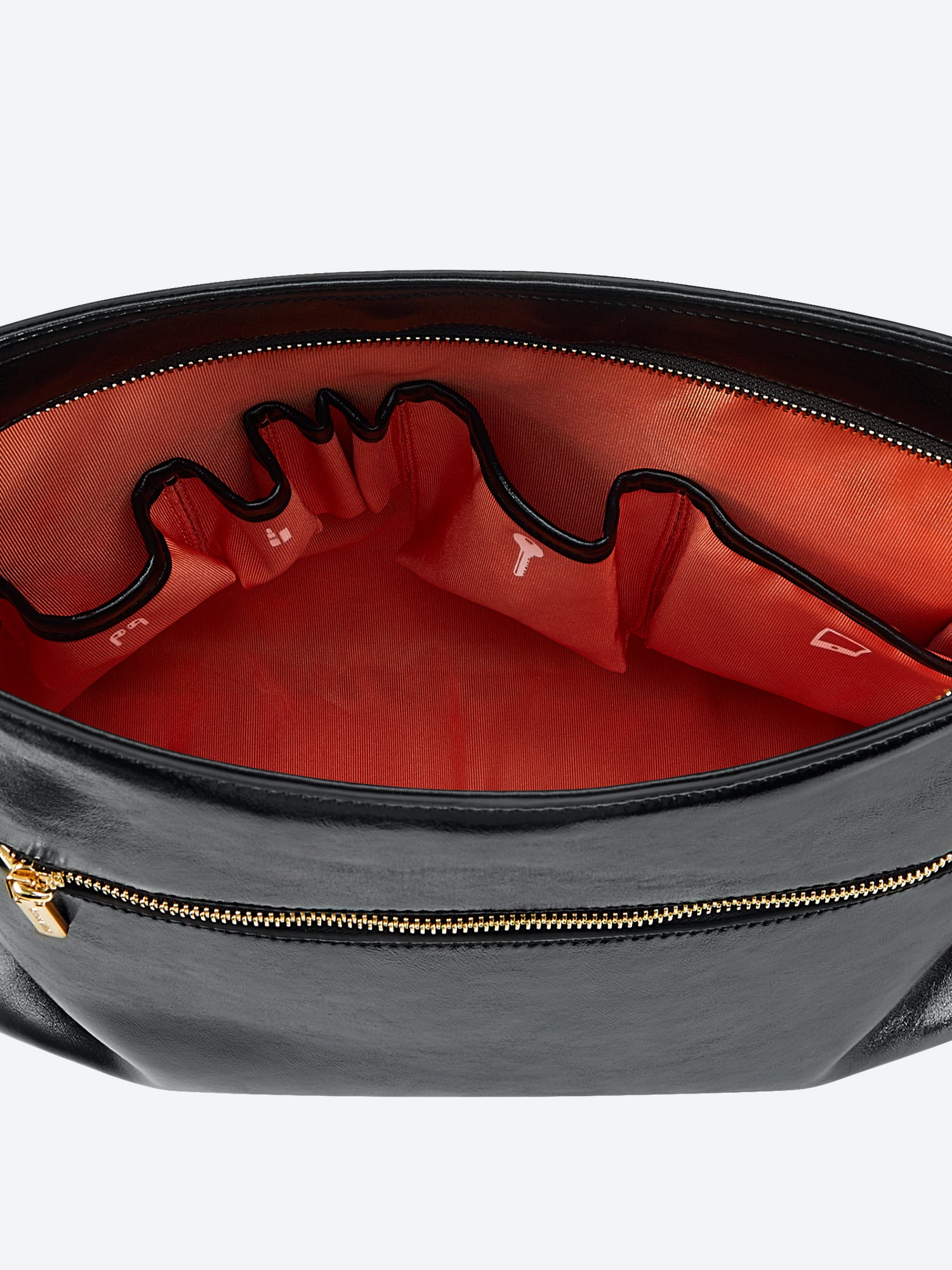 Victoria Hyde shoulder bag in microfiber leather with light gold fittings, padded sunglasses compartment, trolley strap, and inscriptions “Love what you do” and “New Work” for modern dynamic women.
