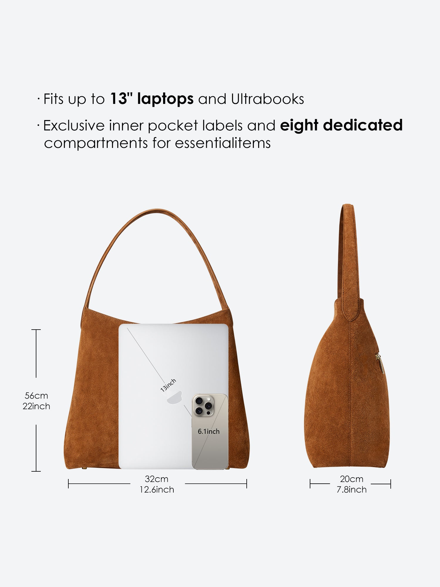 Victoria Hyde split leather shoulder bag for modern women. Light gold fittings, padded sunglasses pocket, trolley strap, “Love what you do” detail. 0.65 kg.