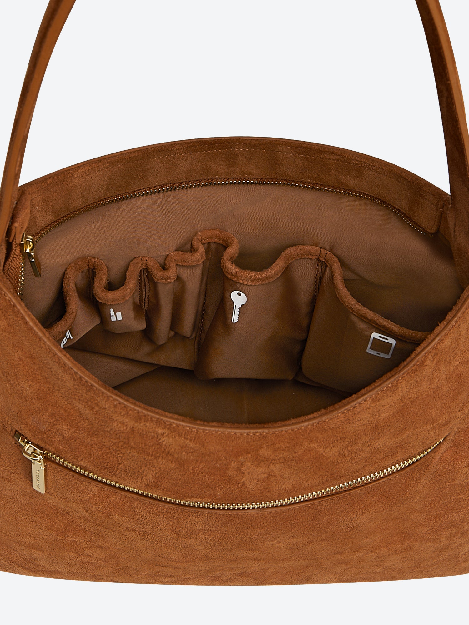 Victoria Hyde split leather shoulder bag for modern women. Light gold fittings, padded sunglasses pocket, trolley strap, “Love what you do” detail. 0.65 kg.