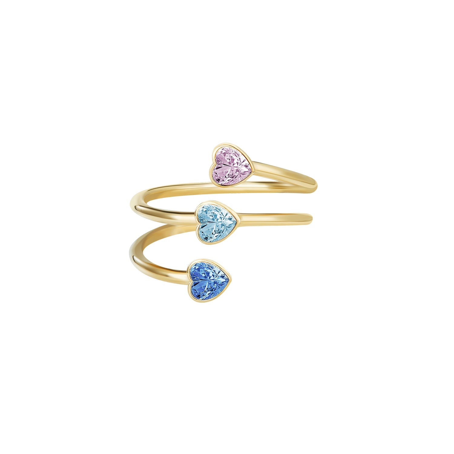 Victoria Hyde London Estella gold wrap ring – three diamond hearts in different colors, copper + zirconium, 5x5 mm heart, inner diameter 16.5 mm.