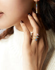 Victoria Hyde London Estella gold wrap ring – three diamond hearts in different colors, copper + zirconium, 5x5 mm heart, inner diameter 16.5 mm.
