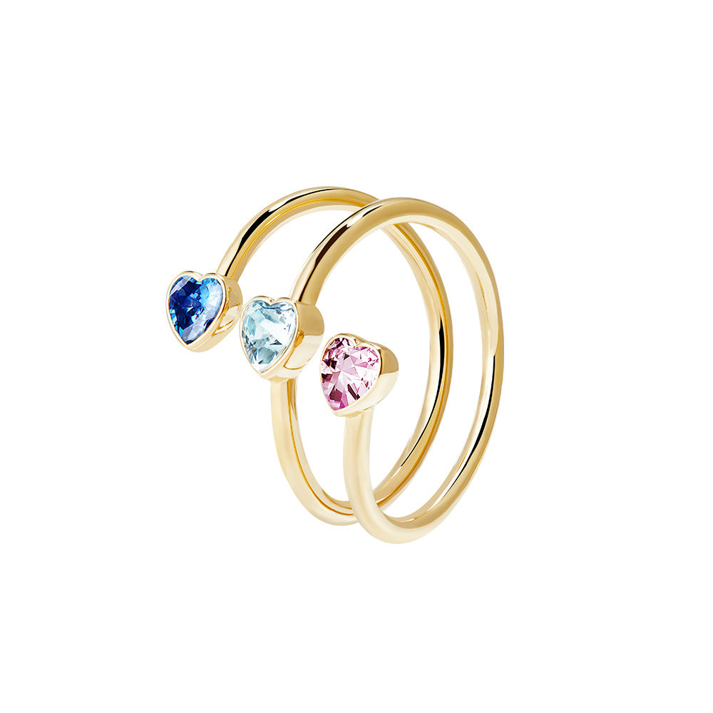 Victoria Hyde London Estella gold wrap ring – three diamond hearts in different colors, copper + zirconium, 5x5 mm heart, inner diameter 16.5 mm.