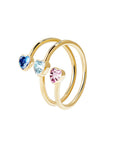 Victoria Hyde London Estella gold wrap ring – three diamond hearts in different colors, copper + zirconium, 5x5 mm heart, inner diameter 16.5 mm.