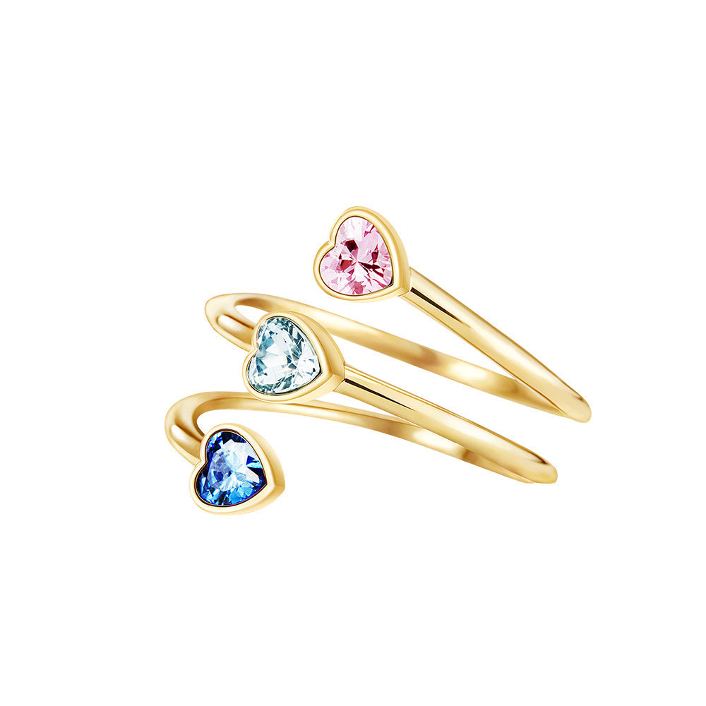 Victoria Hyde London Estella gold wrap ring – three diamond hearts in different colors, copper + zirconium, 5x5 mm heart, inner diameter 16.5 mm.