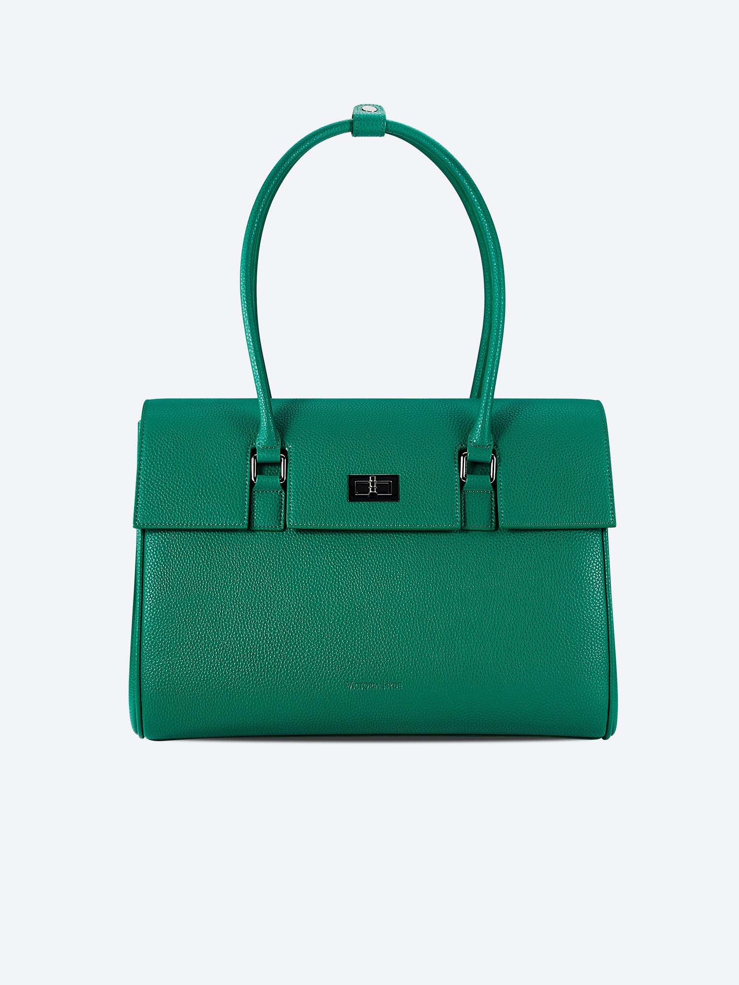 Victoria Hyde Jolene laptop handbag in green, stylish vegan leather business bag for women, featuring a padded compartment for up to 15-inch laptops.