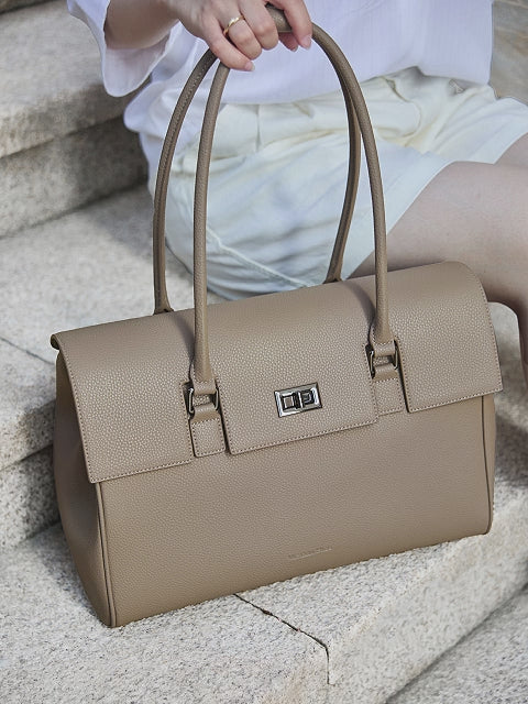 Victoria Hyde Jolene large beige work bag with 15" laptop compartment, removable cosmetic pouch, vegan, water-repellent, smart interior organization.