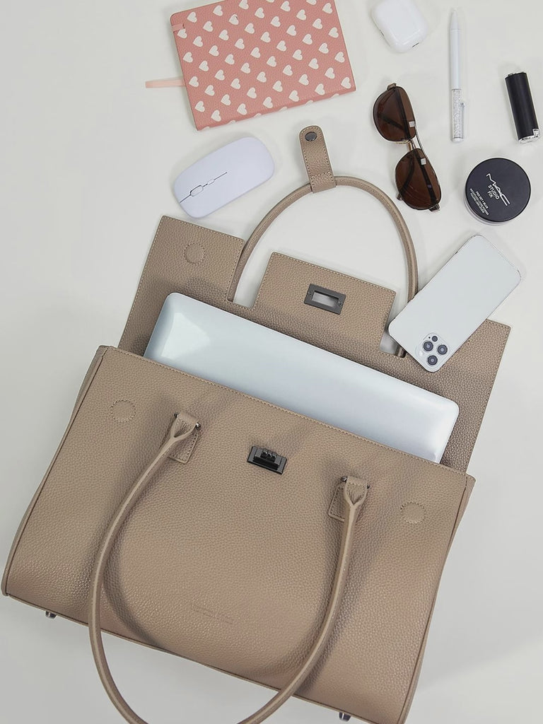 Victoria Hyde Jolene large beige work bag with 15" laptop compartment, removable cosmetic pouch, vegan, water-repellent, smart interior organization.