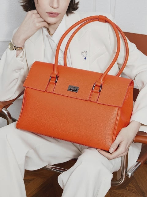 Victoria Hyde Jolene large orange work bag with 15" laptop compartment, removable cosmetic pouch, vegan, water-repellent, smart organization.