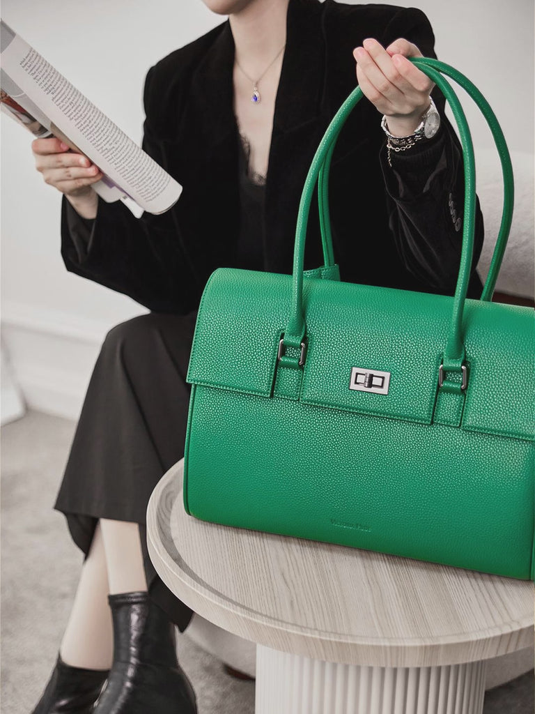 Green Victoria Hyde Jolene large work bag with padded laptop compartment, smart interior, removable cosmetic pouch, vegan, water-repellent, perfect for working mothers.