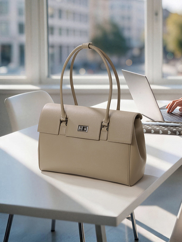 Victoria Hyde Jolene large beige work bag with 15" laptop compartment, removable cosmetic pouch, vegan, water-repellent, smart interior organization.