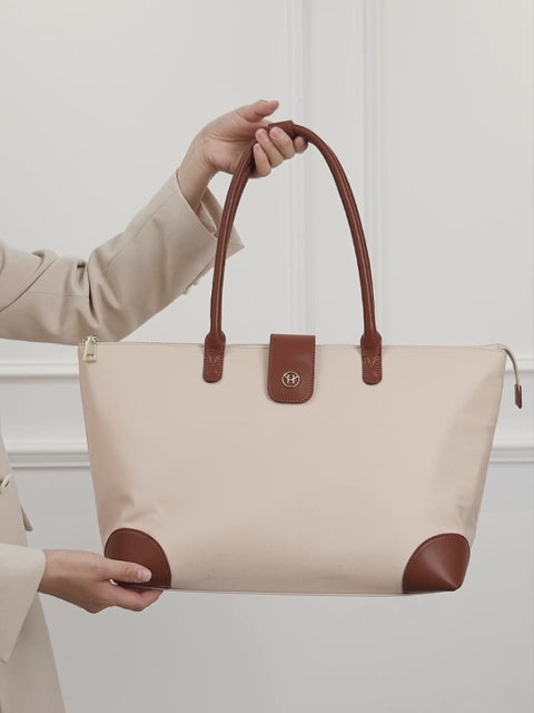 Eva Apricot Work Bag — lightweight modern tote with laptop compartment up to 15", smart interior organizer, removable cosmetic bag, water-repellent vegan nylon, for women in business.