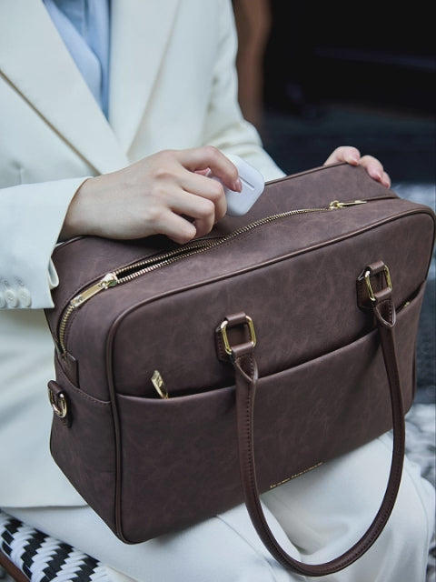 Margaret Large Brown Work Bag — modern laptop handbag with 13" laptop compartment, smart interior organizer, removable cosmetic bag, vegan water-repellent microfiber leather, for women in business.