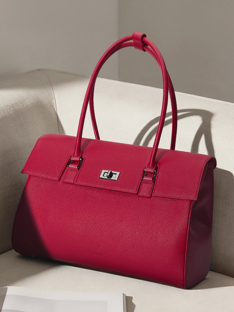 Victoria Hyde Jolene large tote in Garnet Red. Microfiber leather, fits 16" laptop, removable pouch, smart interior, water-repellent.
