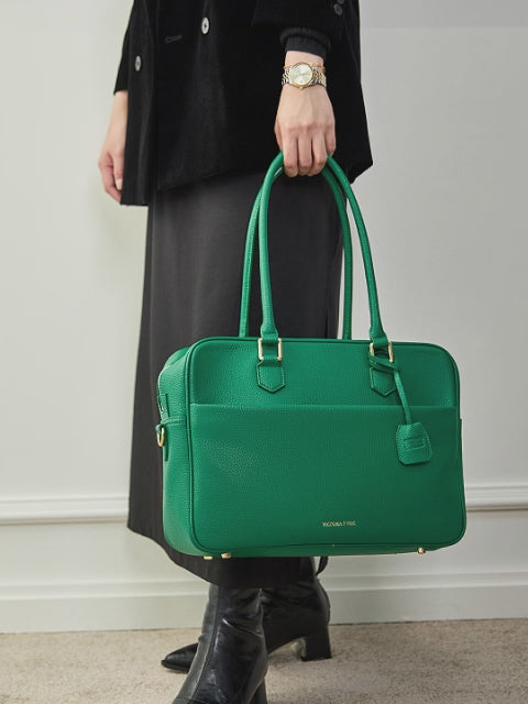 Margaret Large Green Work Bag — modern laptop handbag with 13" laptop compartment, smart interior organizer, removable cosmetic bag, vegan water-repellent microfiber leather, for women in business.