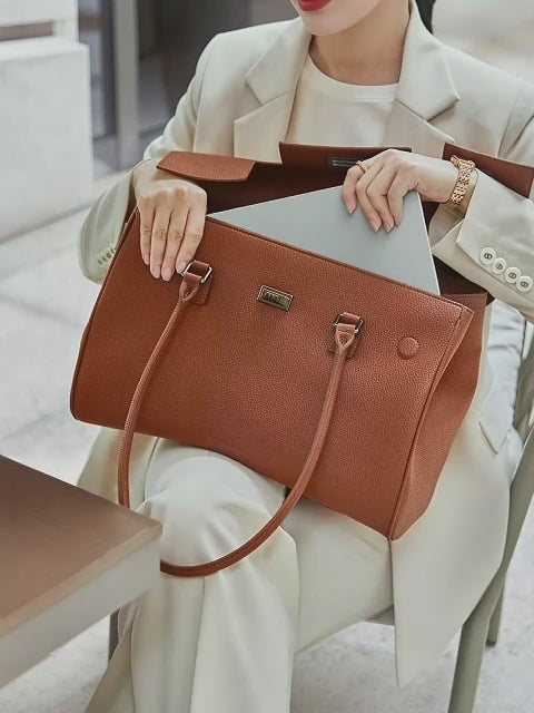 Victoria Hyde Jolene large brown work bag with 16" laptop compartment, removable cosmetic pouch, vegan, water-repellent, smart organization.