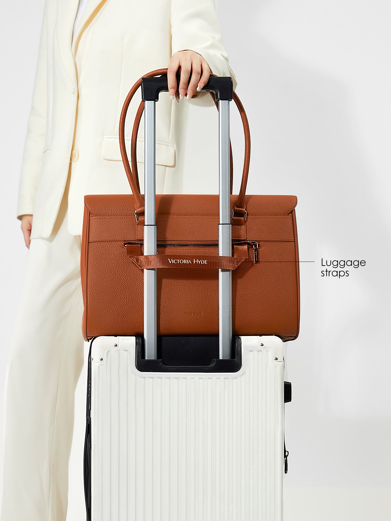 Victoria Hyde Jolene large brown work bag with 16" laptop compartment, removable cosmetic pouch, vegan, water-repellent, smart organization.