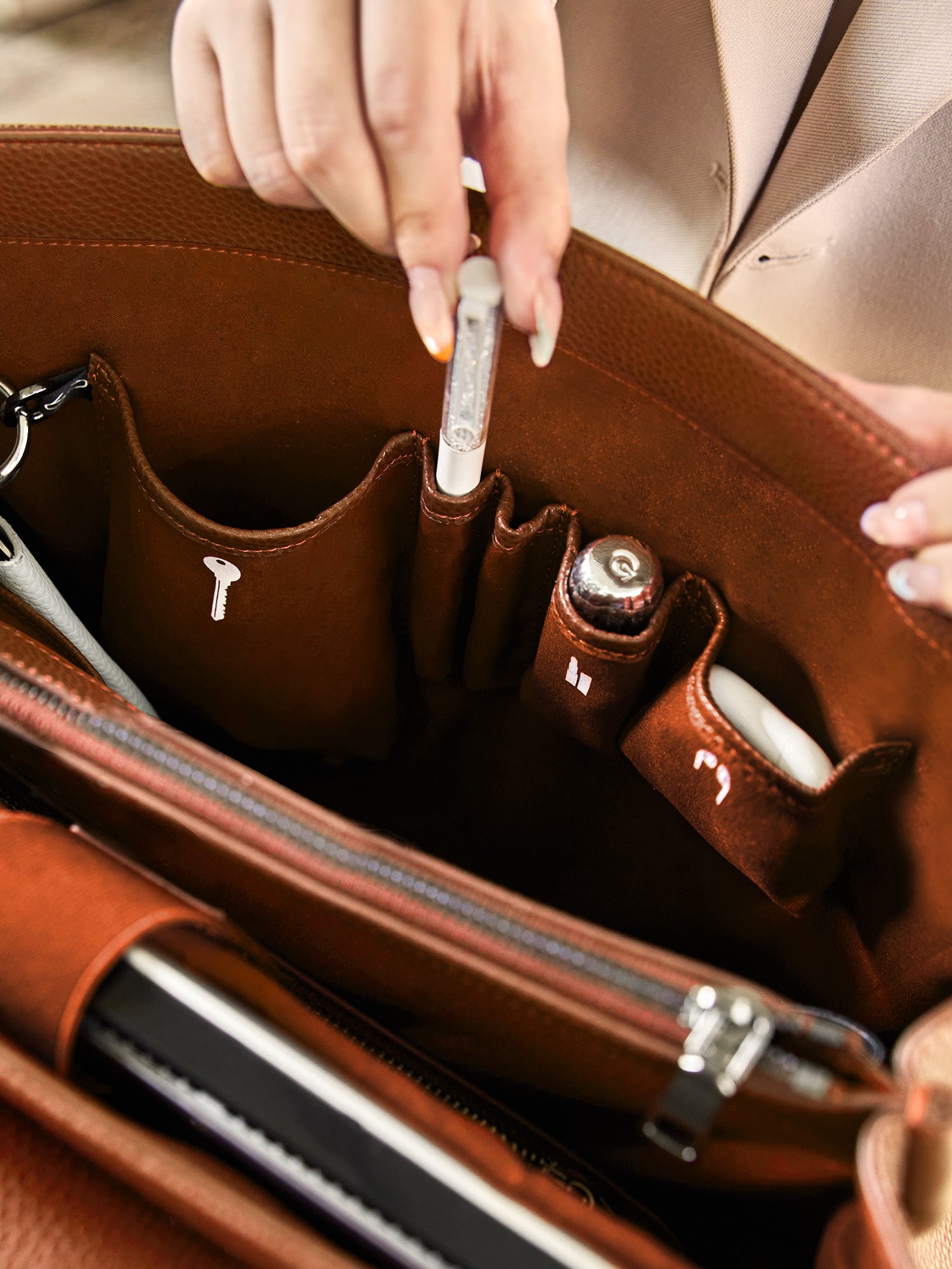 Victoria Hyde Jolene large brown work bag with 16" laptop compartment, removable cosmetic pouch, vegan, water-repellent, smart organization.