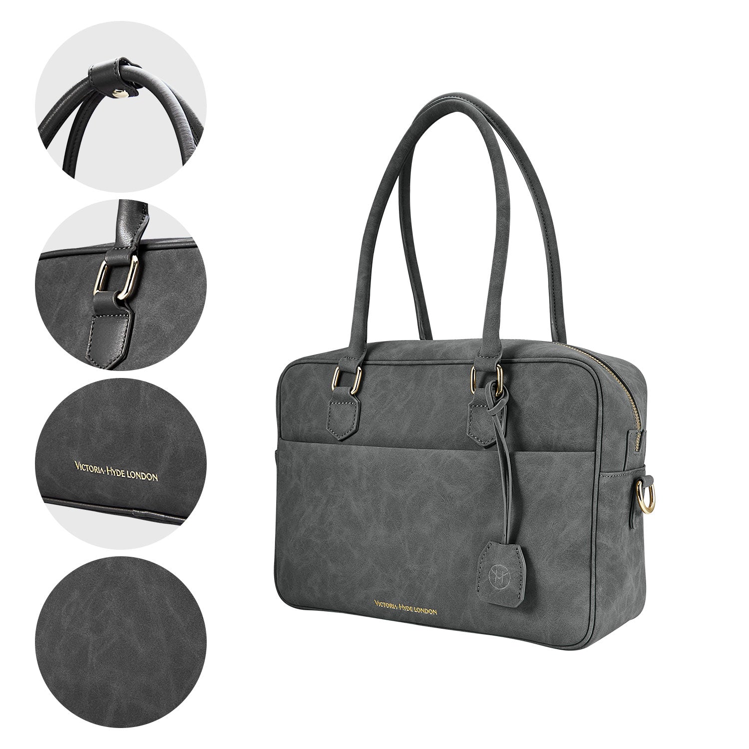Victoria Hyde Margaret Large Gray work bag with 13" laptop compartment, removable cosmetic pouch, vegan, water-repellent, smart organization.