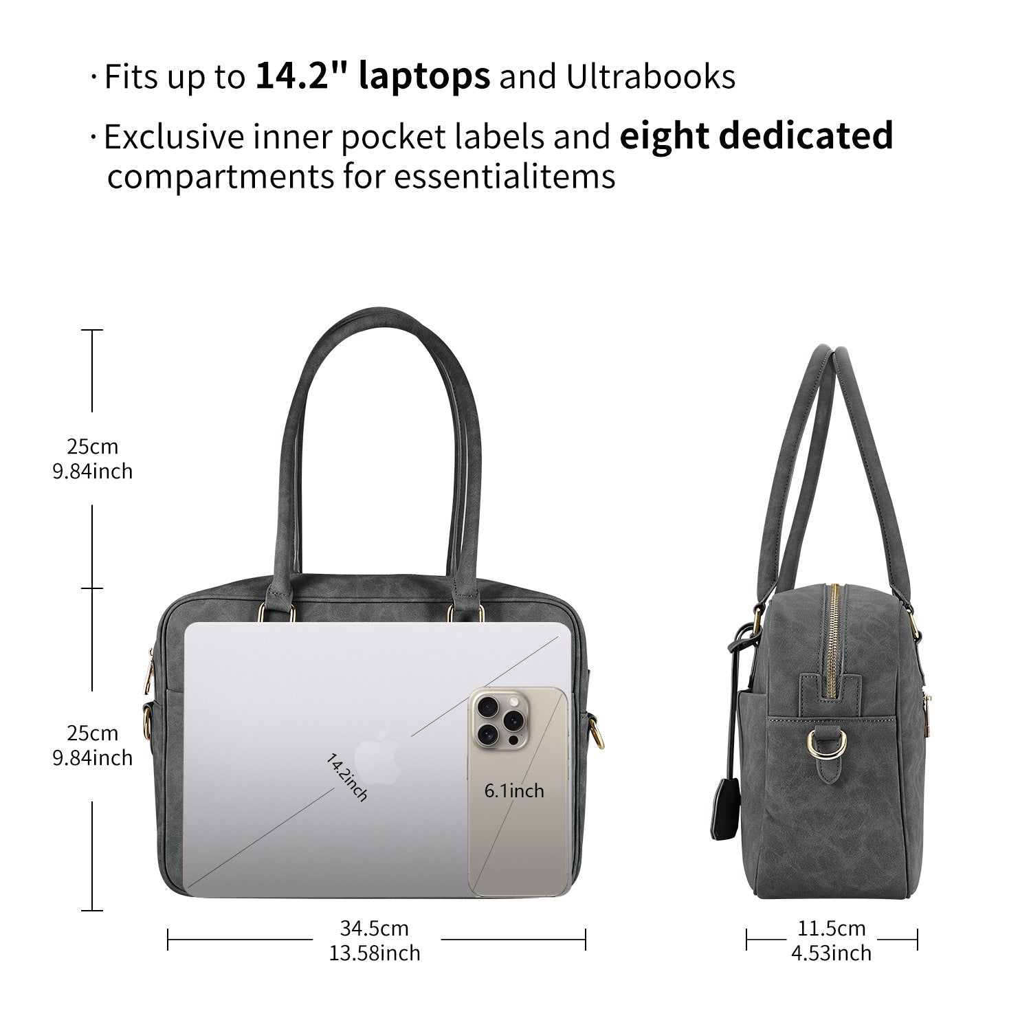Victoria Hyde Margaret Large Gray work bag with 13" laptop compartment, removable cosmetic pouch, vegan, water-repellent, smart organization.