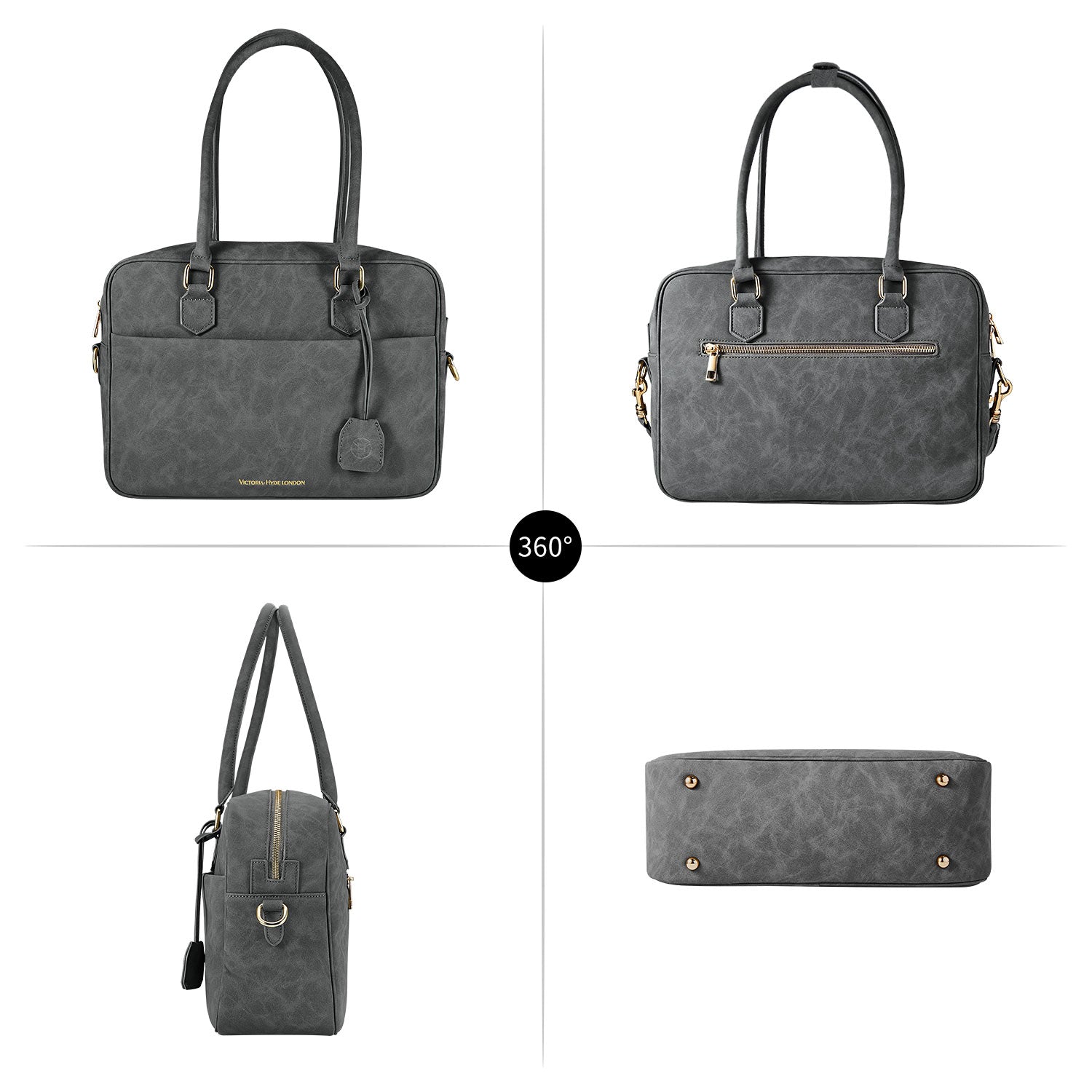 Victoria Hyde Margaret Large Gray work bag with 13" laptop compartment, removable cosmetic pouch, vegan, water-repellent, smart organization.
