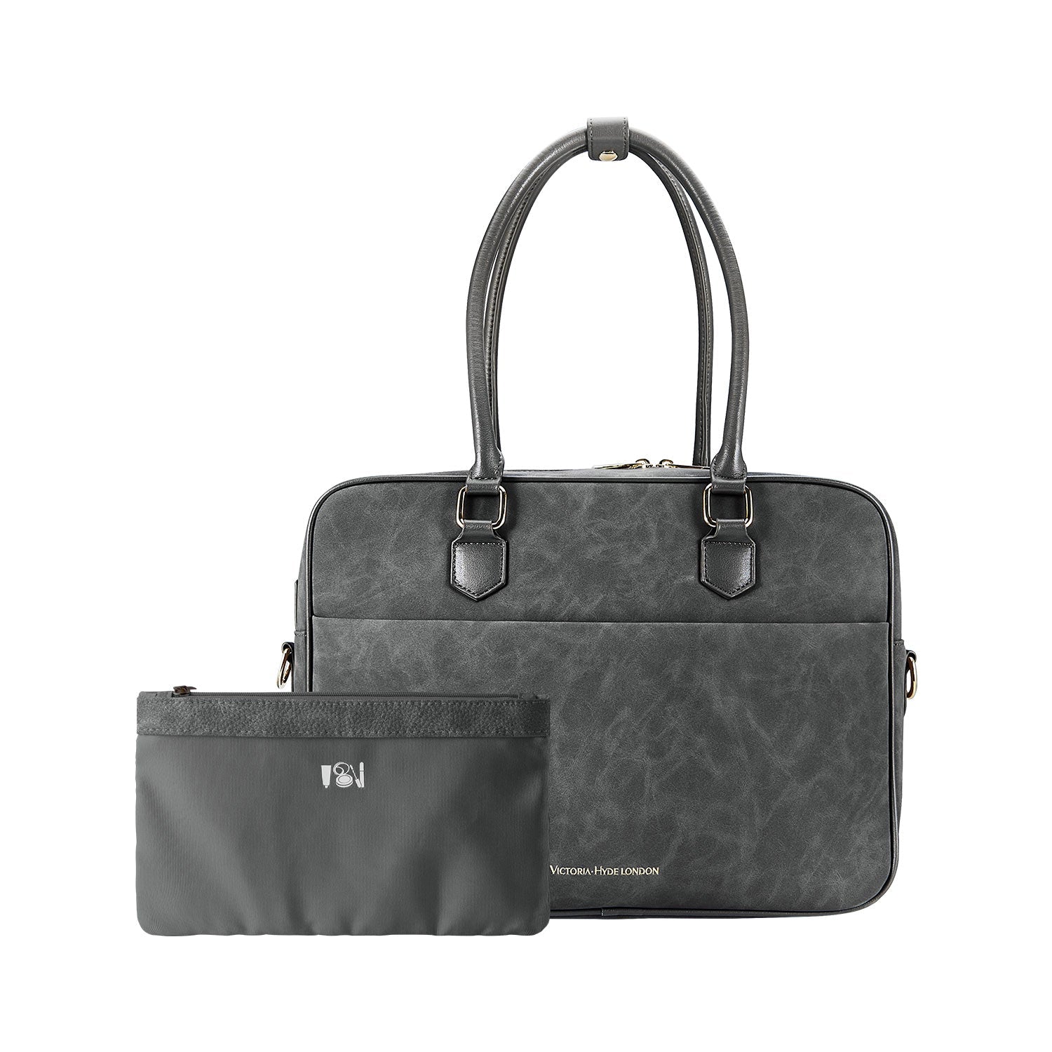 Victoria Hyde Margaret Large Gray work bag with 13" laptop compartment, removable cosmetic pouch, vegan, water-repellent, smart organization.