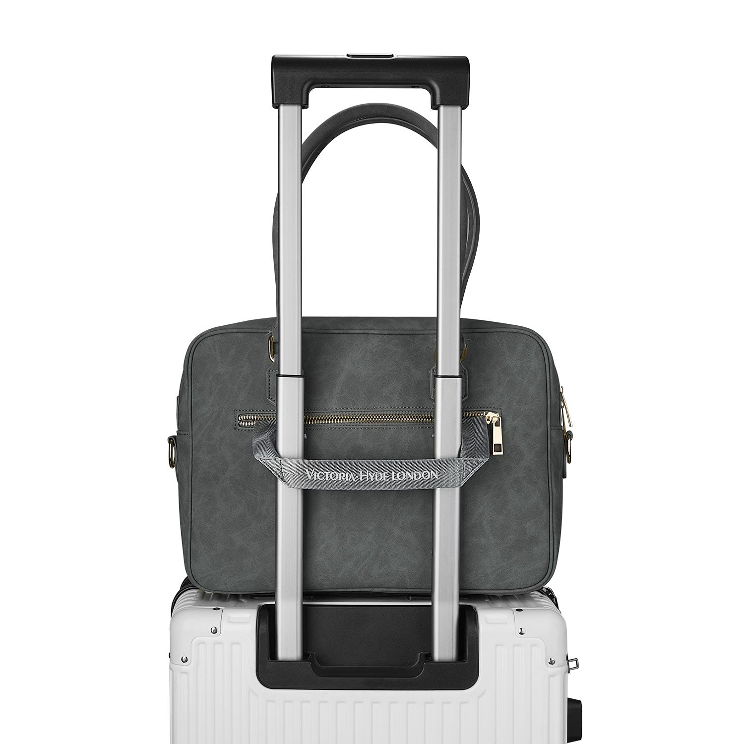 Victoria Hyde Margaret Large Gray work bag with 13" laptop compartment, removable cosmetic pouch, vegan, water-repellent, smart organization.