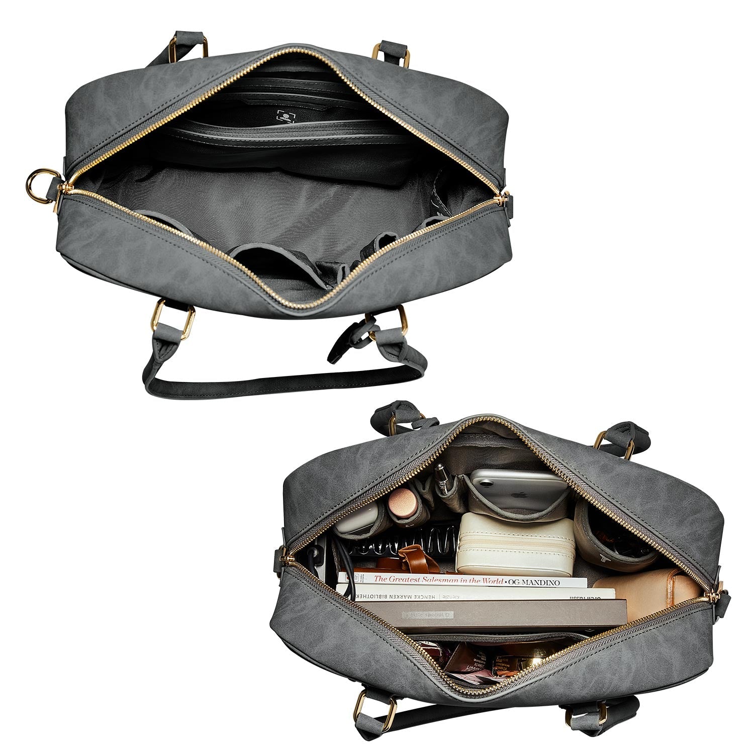 Victoria Hyde Margaret Large Gray work bag with 13" laptop compartment, removable cosmetic pouch, vegan, water-repellent, smart organization.
