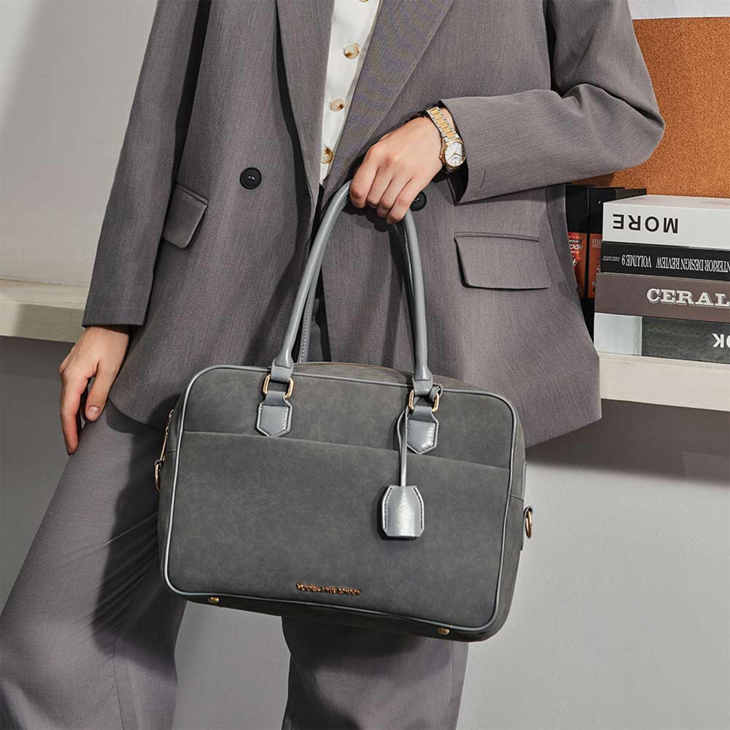 Victoria Hyde Margaret Large Gray work bag with 13" laptop compartment, removable cosmetic pouch, vegan, water-repellent, smart organization.
