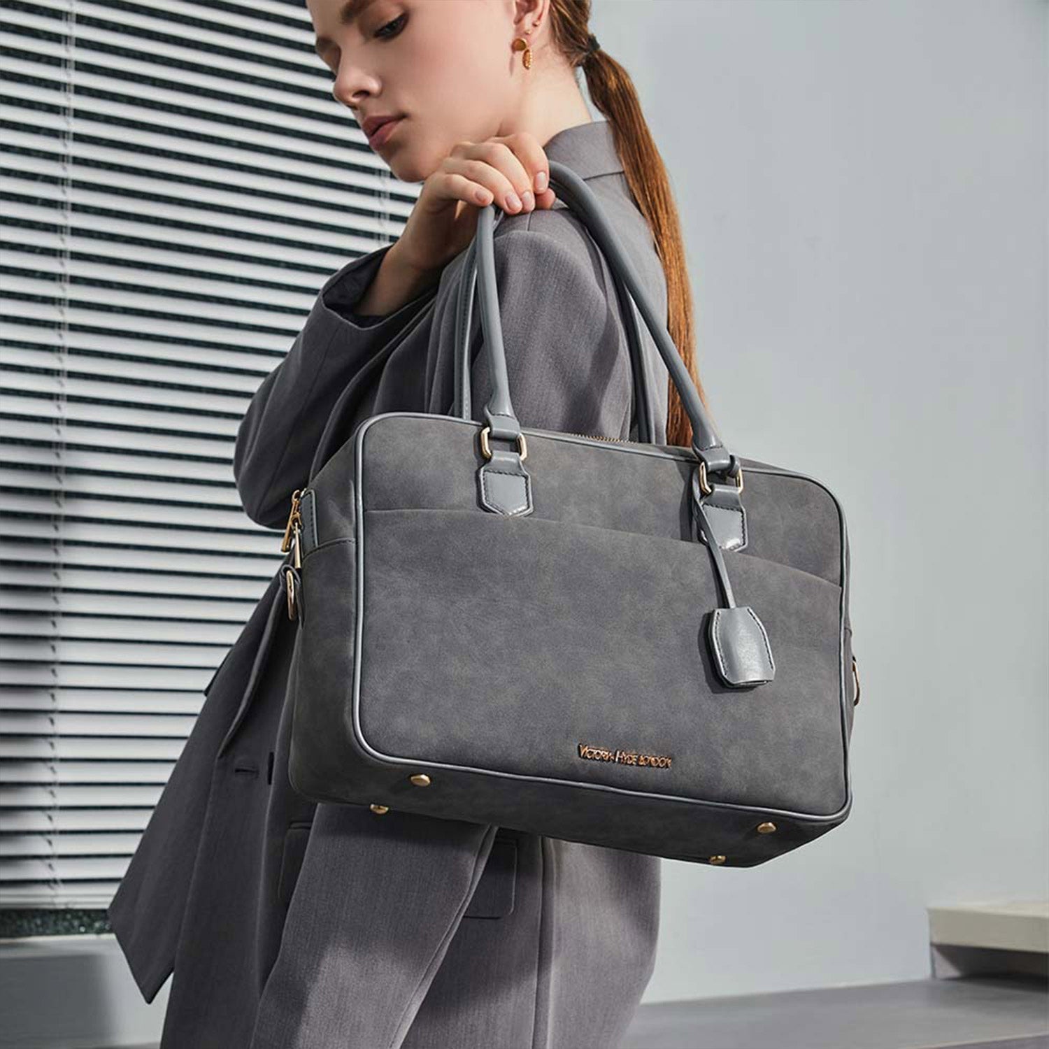 Victoria Hyde Margaret Large Gray work bag with 13" laptop compartment, removable cosmetic pouch, vegan, water-repellent, smart organization.