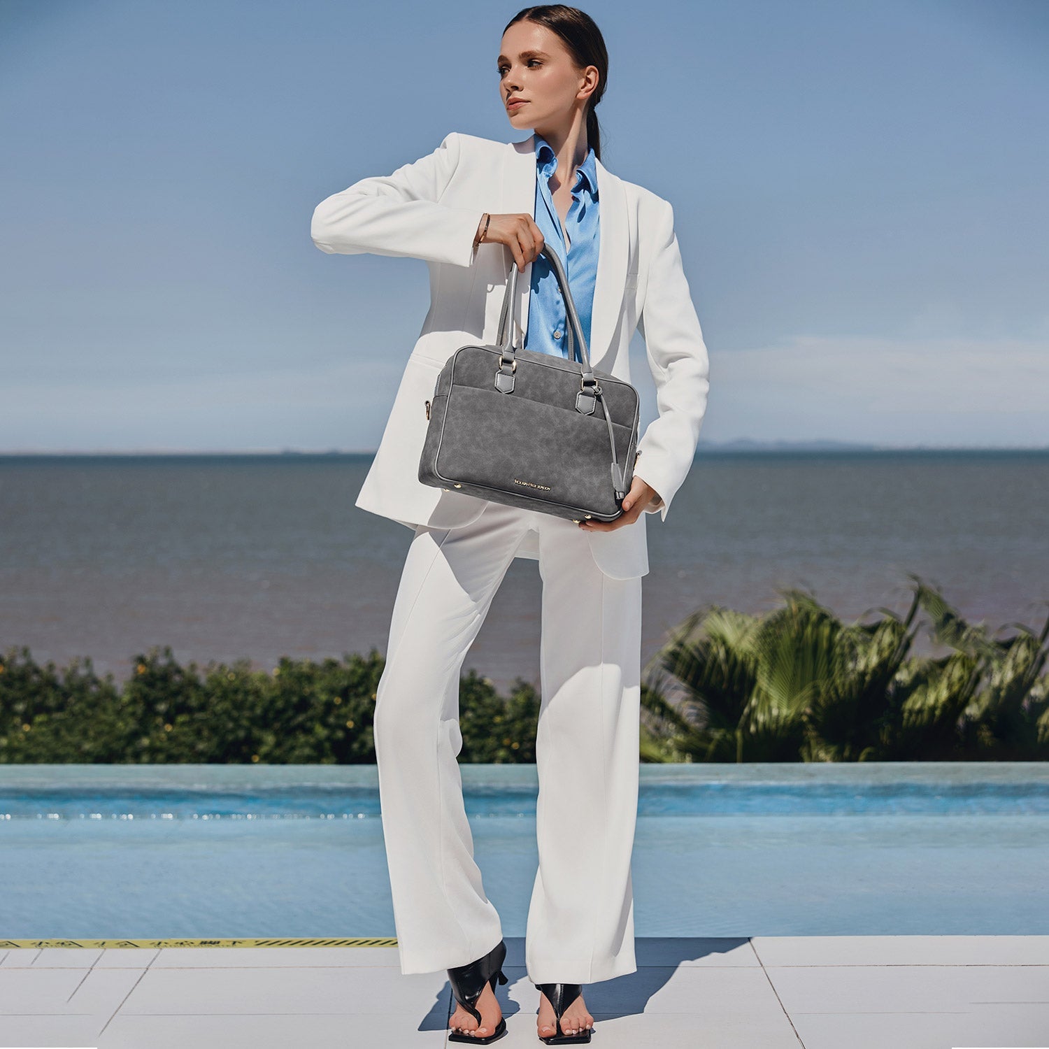 Victoria Hyde Margaret Large Gray work bag with 13" laptop compartment, removable cosmetic pouch, vegan, water-repellent, smart organization.