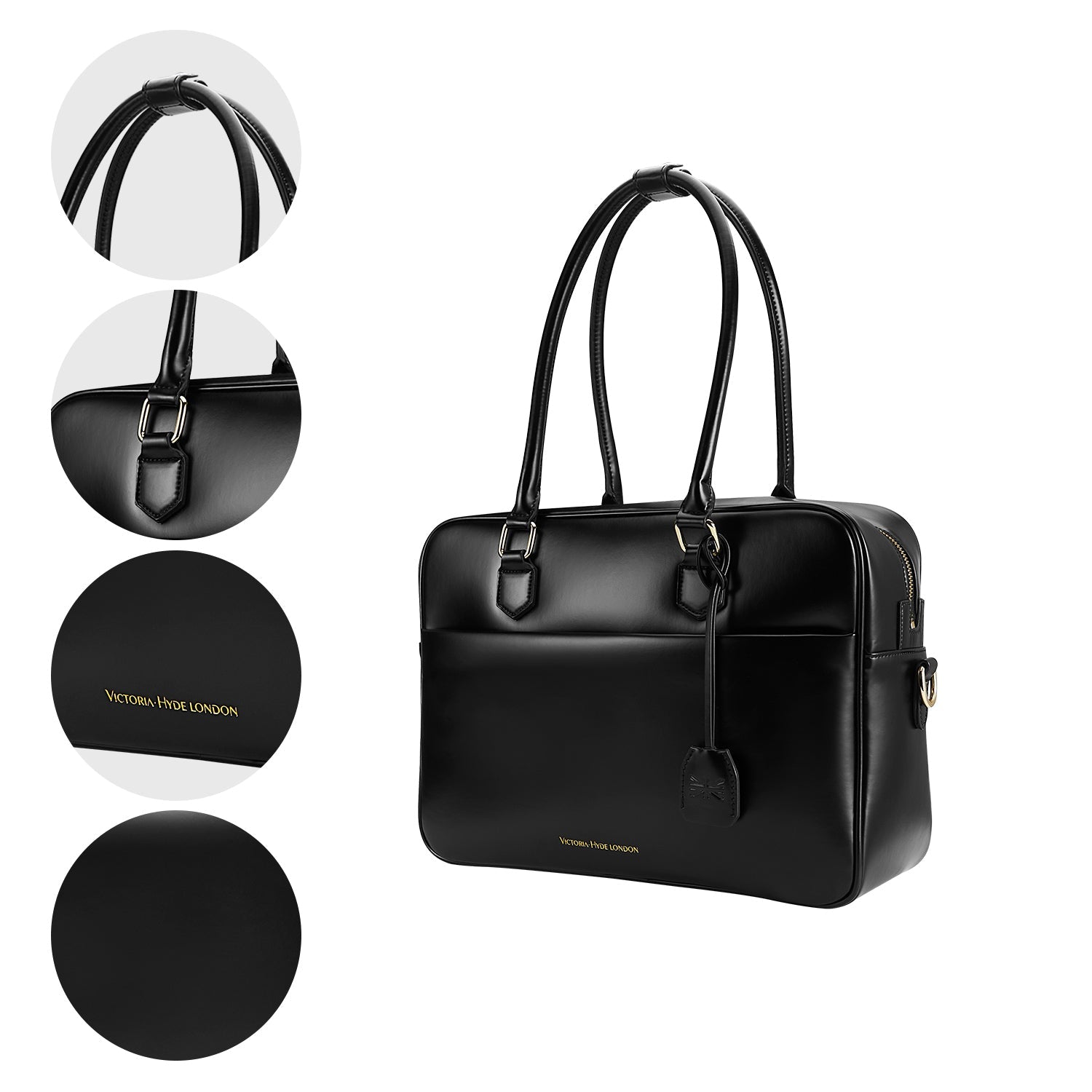 Victoria Hyde Margaret large black work bag with 13" laptop compartment, removable cosmetic pouch, vegan, water-repellent, smart interior.