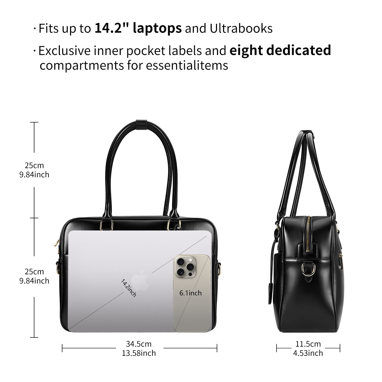 Victoria Hyde Margaret large black work bag with 13" laptop compartment, removable cosmetic pouch, vegan, water-repellent, smart interior.