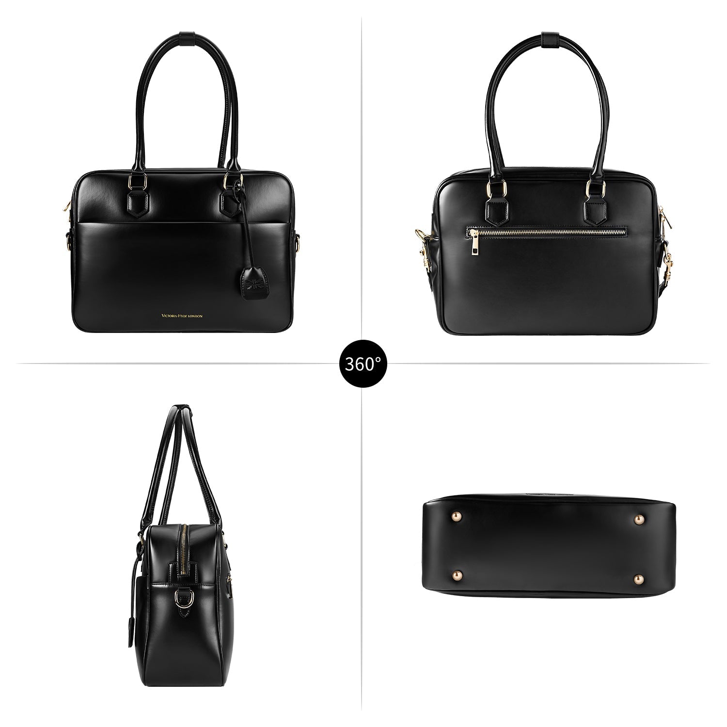 Victoria Hyde Margaret large black work bag with 13" laptop compartment, removable cosmetic pouch, vegan, water-repellent, smart interior.