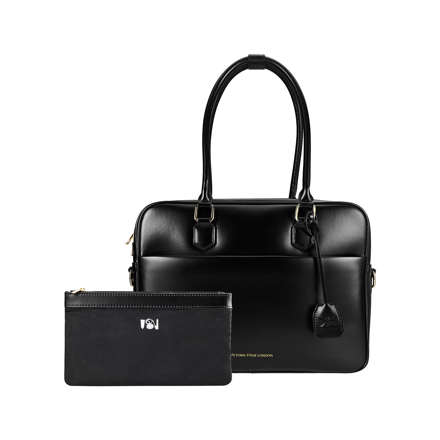 Victoria Hyde Margaret large black work bag with 13" laptop compartment, removable cosmetic pouch, vegan, water-repellent, smart interior.