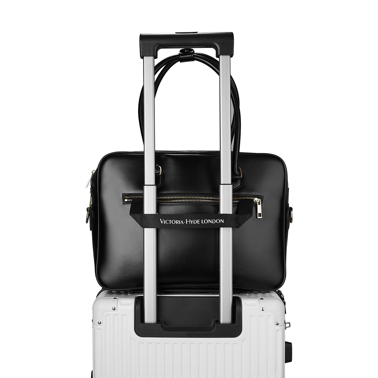 Victoria Hyde Margaret large black work bag with 13" laptop compartment, removable cosmetic pouch, vegan, water-repellent, smart interior.